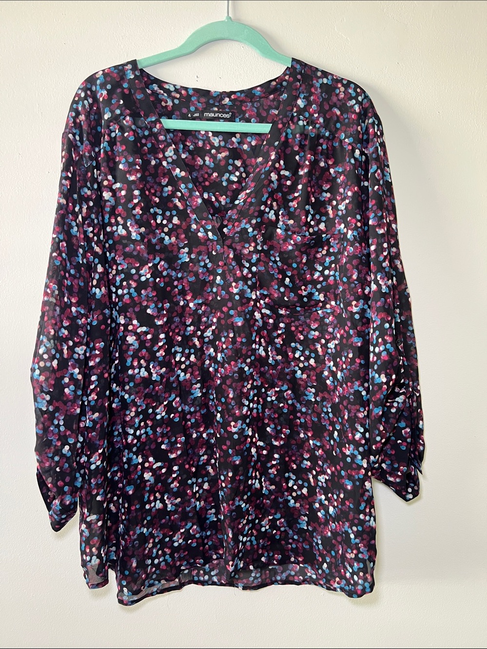 Maurices Black V-Neck Tunic with Pink & Blue Dot Print